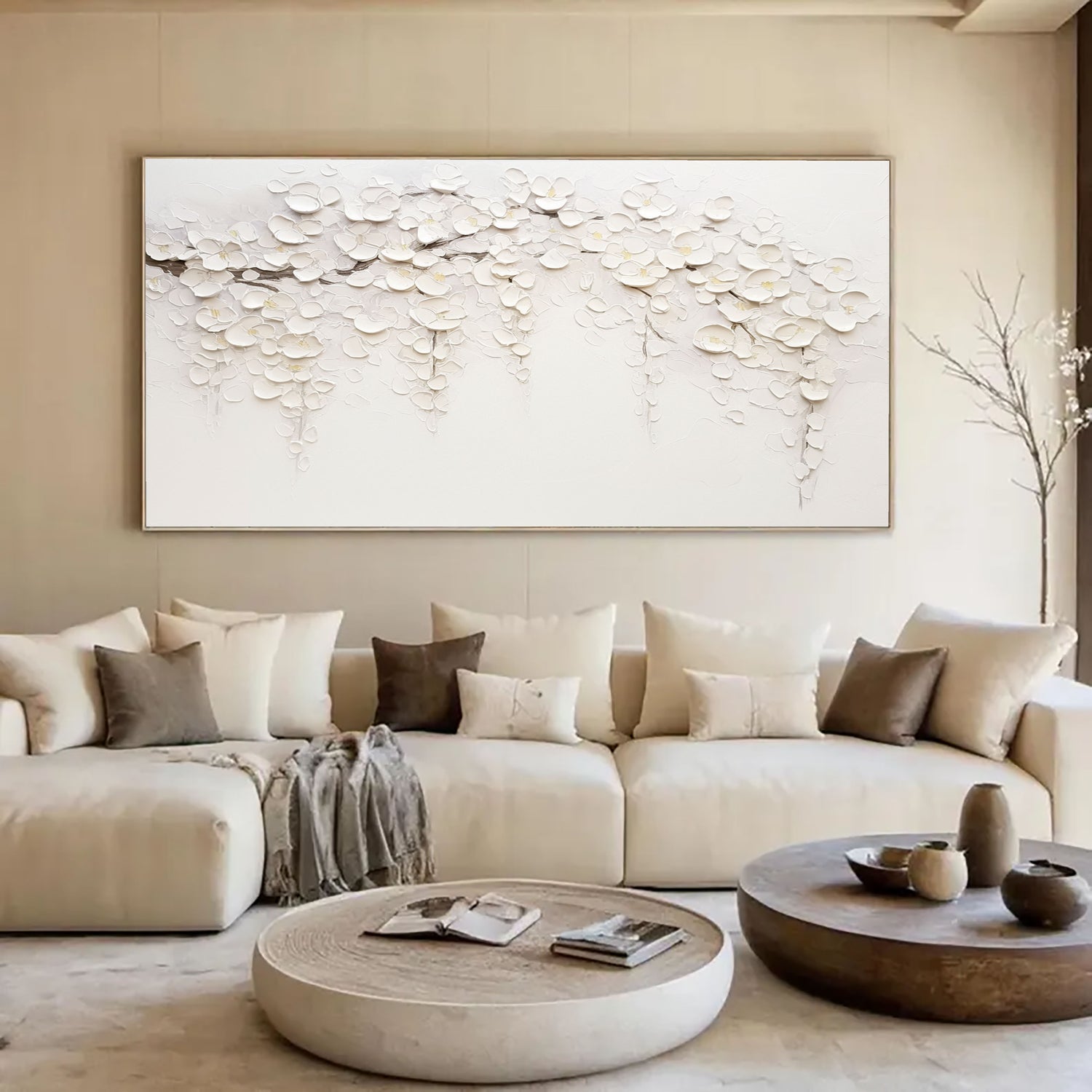 3D-Textured Art | White Cascading Blossoms