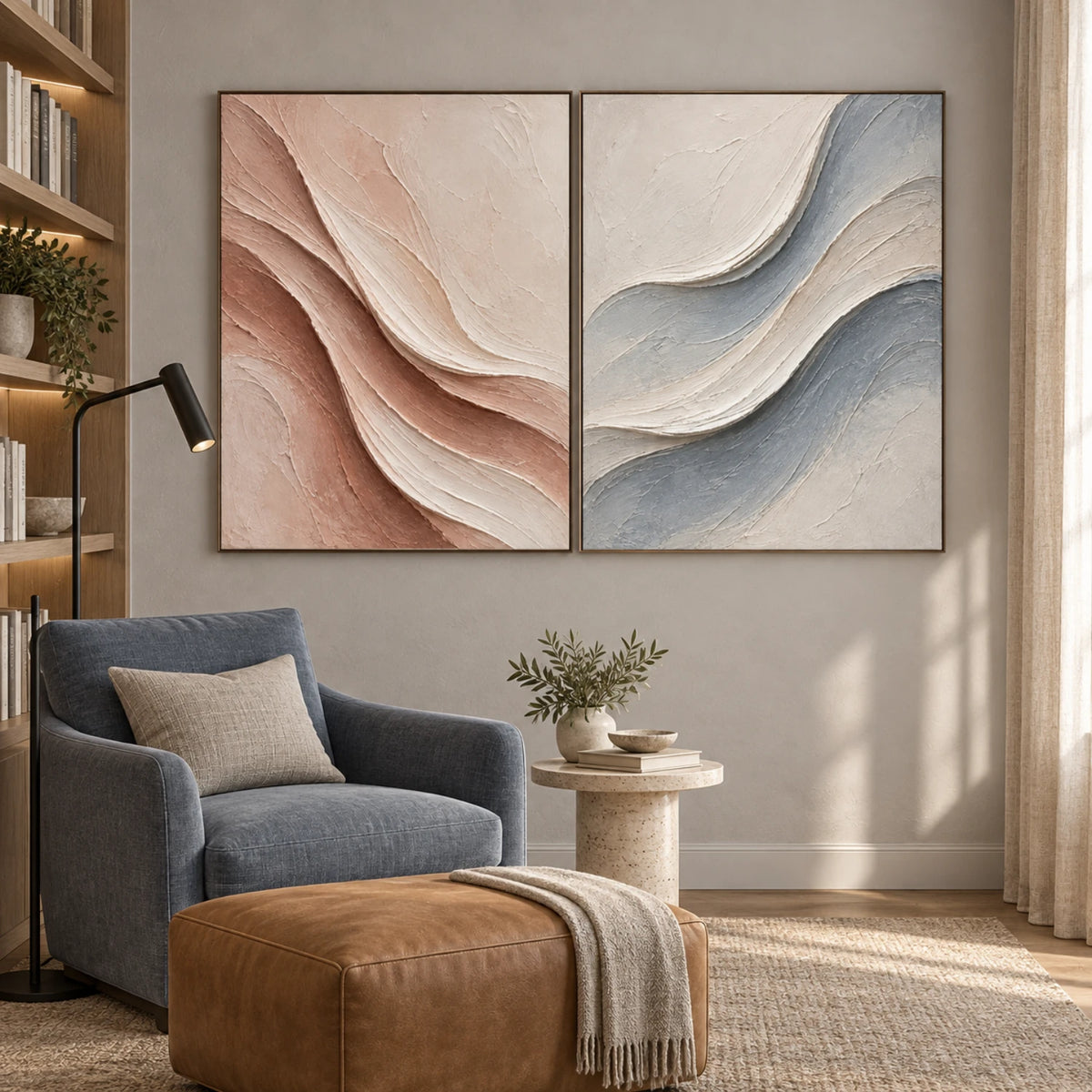 Blush and Blue Wave Duet — featured artwork in an interior setting
