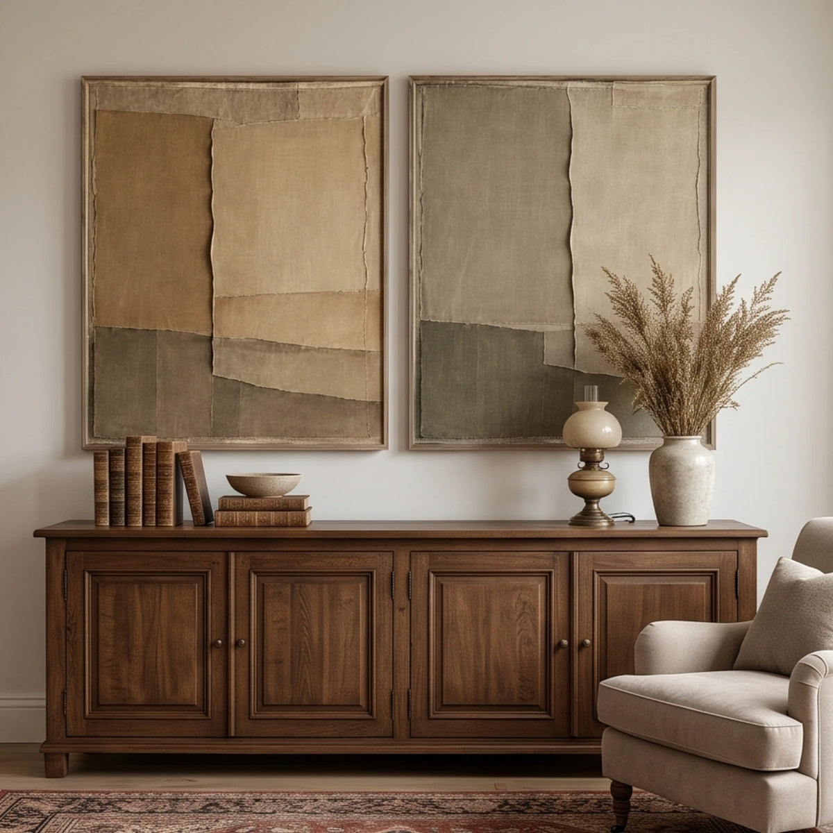 Earthen Patchwork Duet — featured artwork in an interior setting