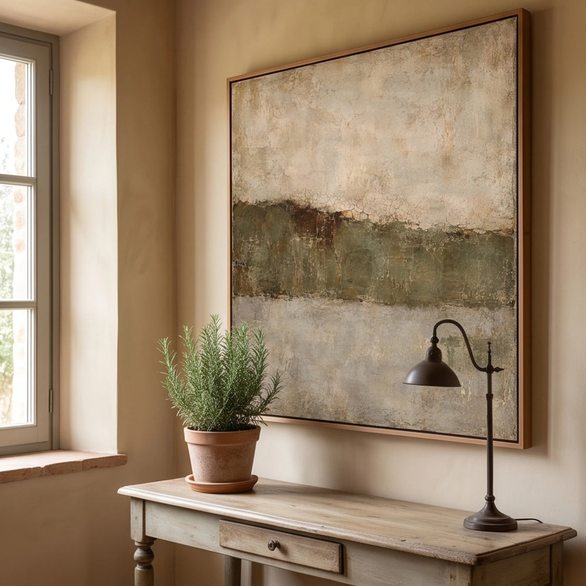Olive Horizon Stillness — featured artwork in an interior setting