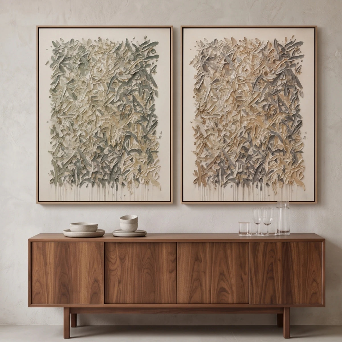 Sage and Earth Leaf Duet — featured artwork in an interior setting