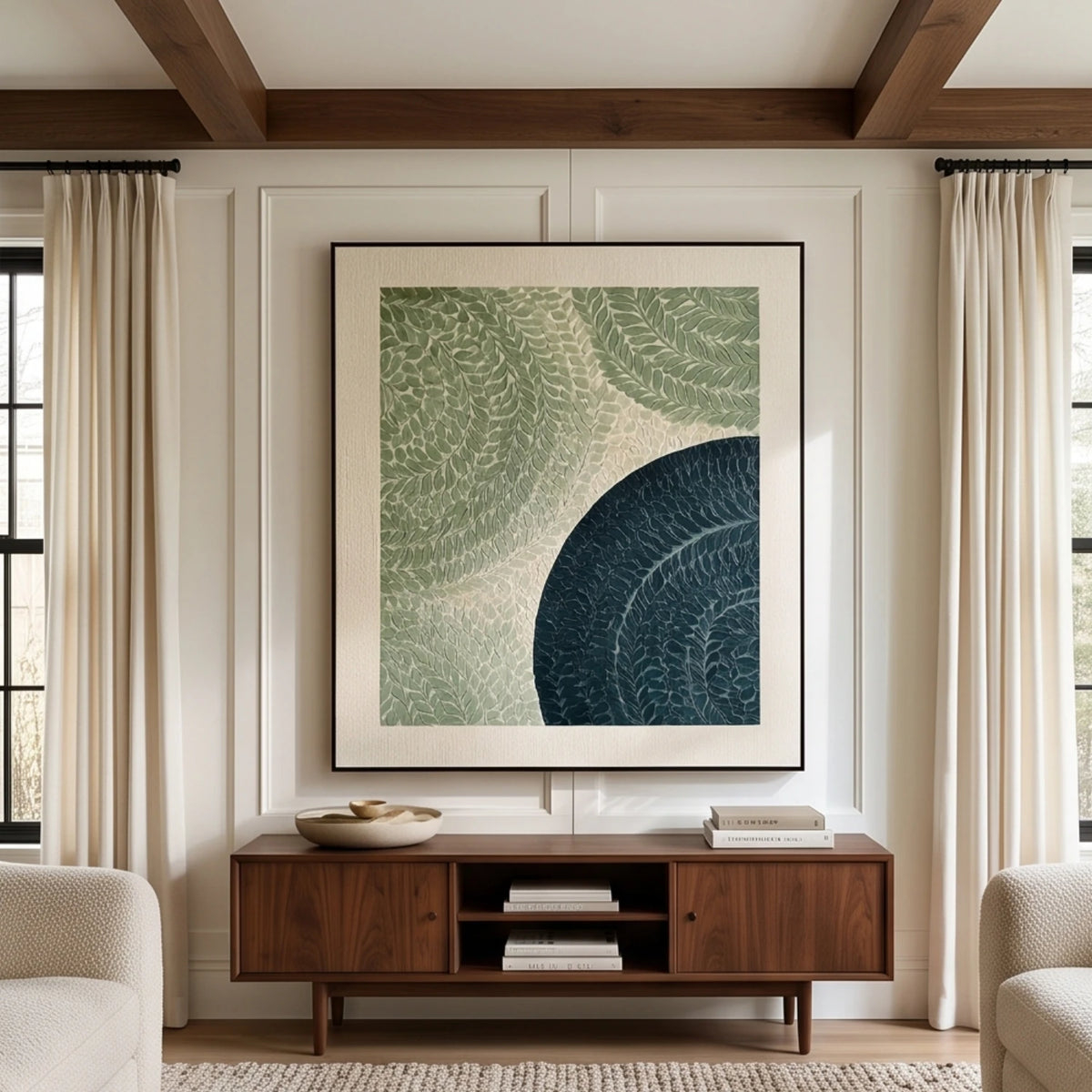Sage and Midnight Crescents — featured artwork in an interior setting