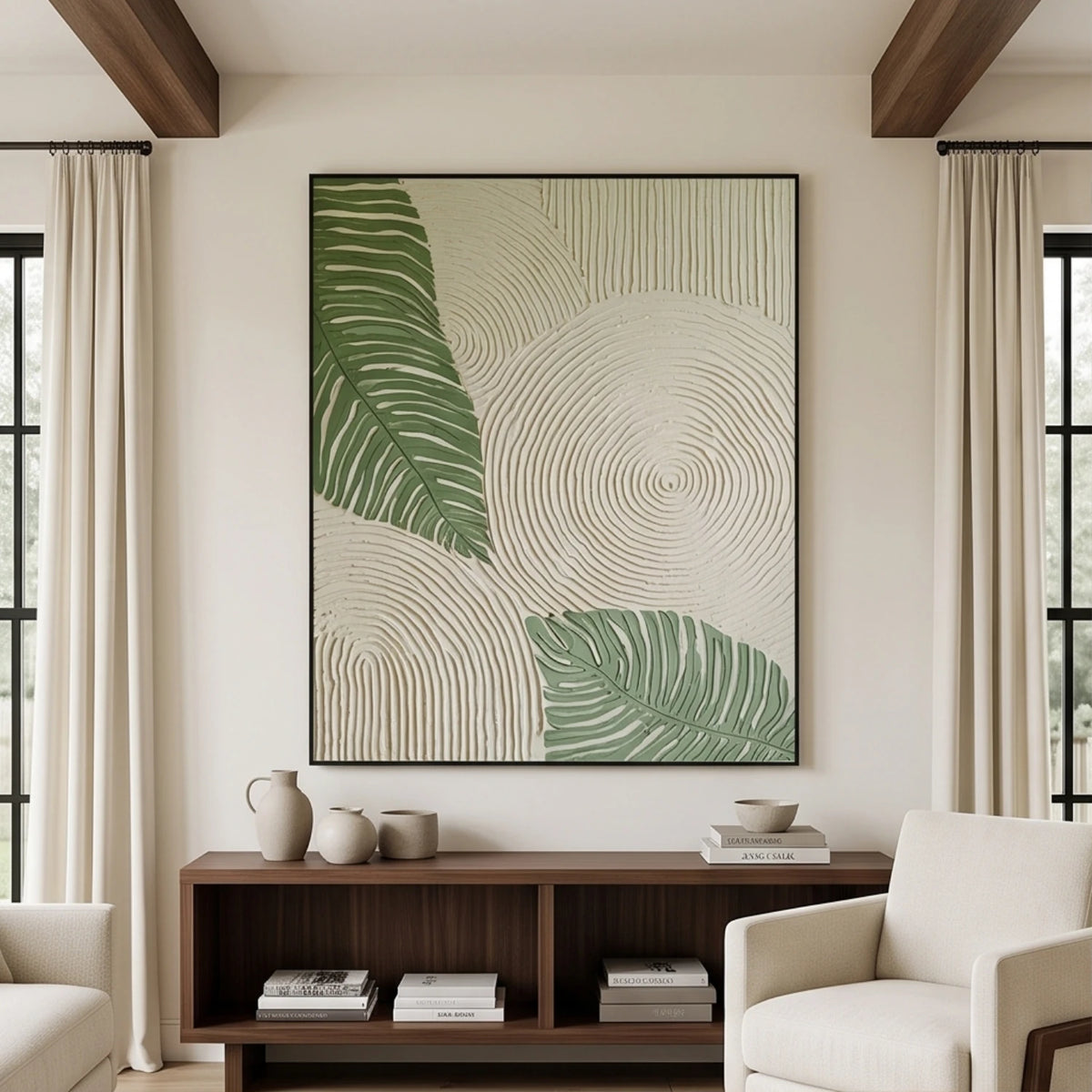Verdant Leaf Ripples — green tropical leaves and ivory circular textured relief, interior view 1