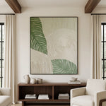 Verdant Leaf Ripples — green tropical leaves and ivory circular textured relief, interior view 1