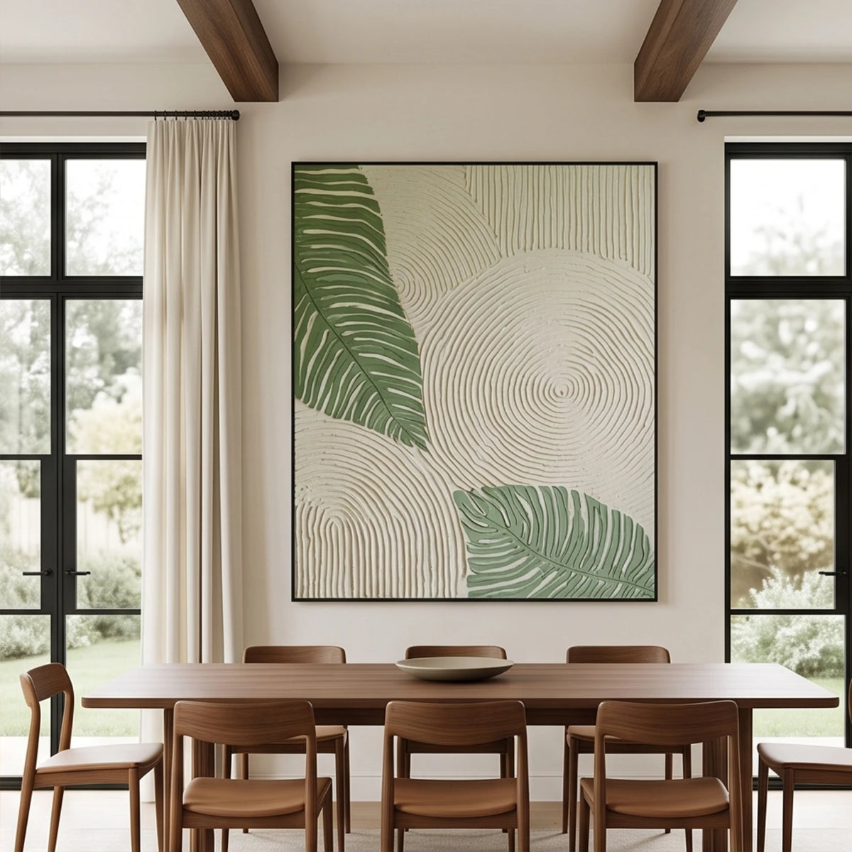 Verdant Leaf Ripples — green tropical leaves and ivory circular textured relief, interior view 2
