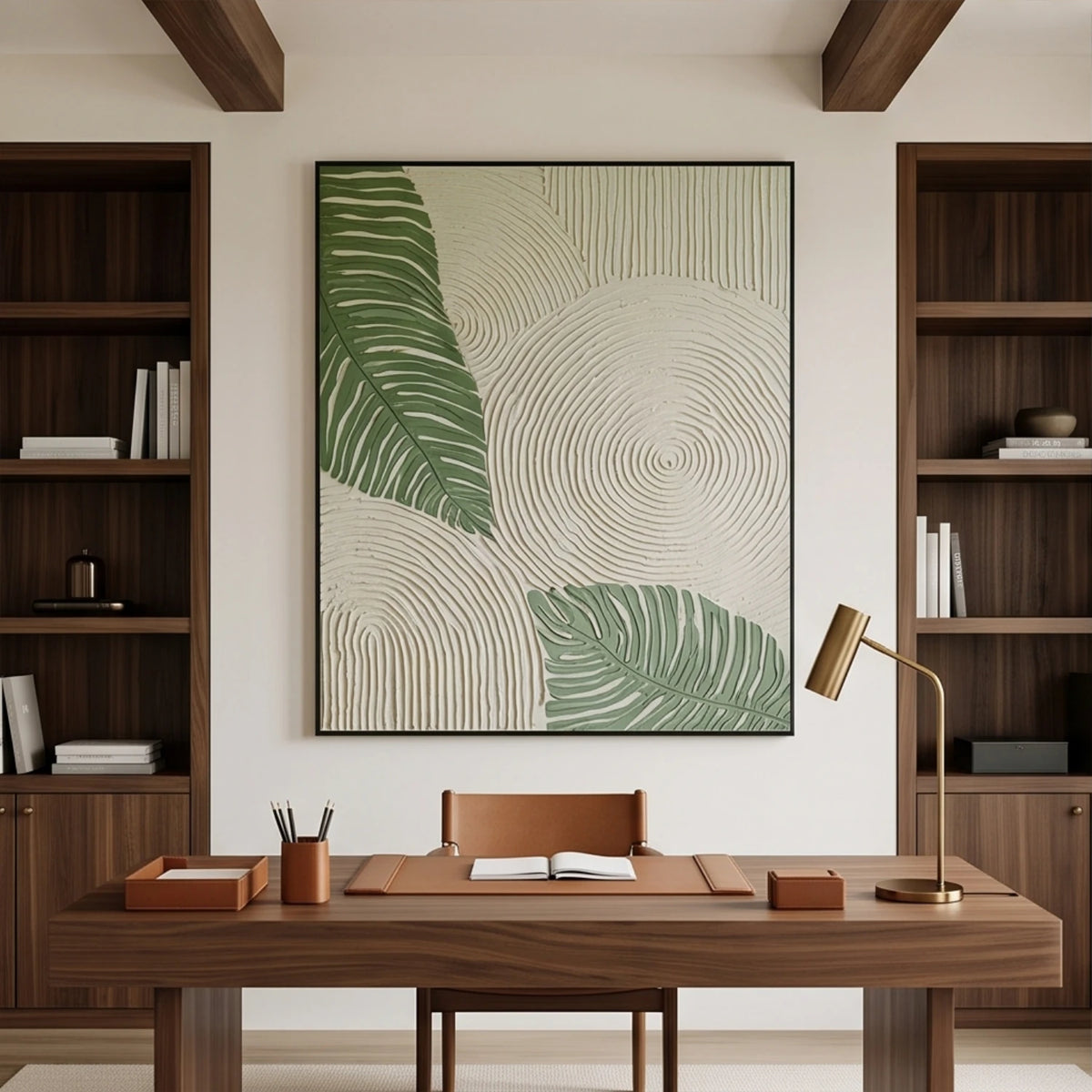 Verdant Leaf Ripples — green tropical leaves and ivory circular textured relief, interior view 3