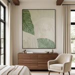 Verdant Leaf Ripples — green tropical leaves and ivory circular textured relief, interior view 4