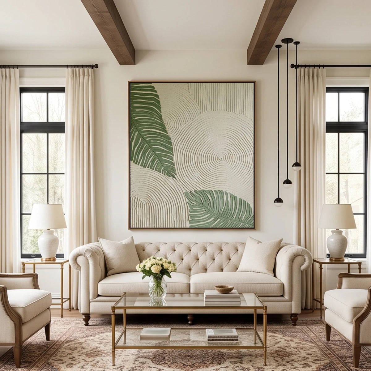 Verdant Leaf Ripples — green tropical leaves and ivory circular textured relief, interior view 5