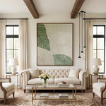 Verdant Leaf Ripples — green tropical leaves and ivory circular textured relief, interior view 5