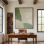 Verdant Leaf Ripples — green tropical leaves and ivory circular textured relief, interior view 6