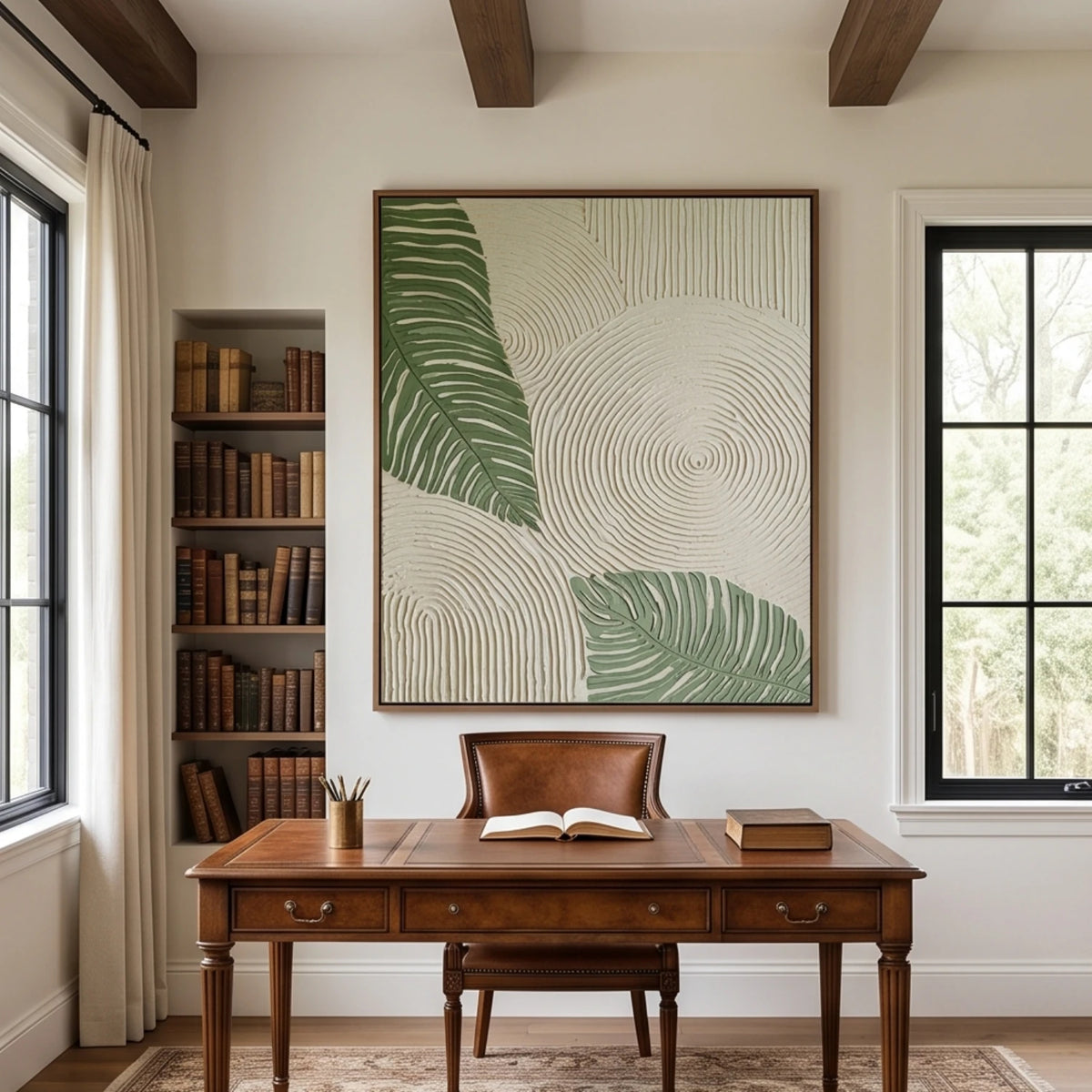 Verdant Leaf Ripples — green tropical leaves and ivory circular textured relief, interior view 6