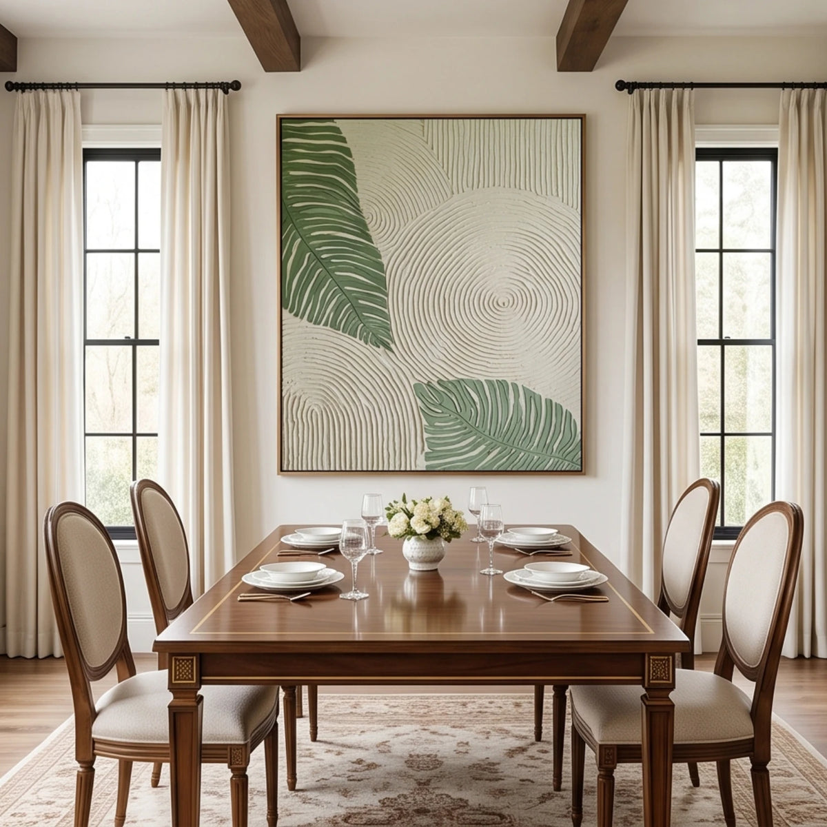 Verdant Leaf Ripples — green tropical leaves and ivory circular textured relief, interior view 7