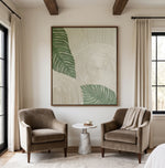 Verdant Leaf Ripples — green tropical leaves and ivory circular textured relief, interior view 8