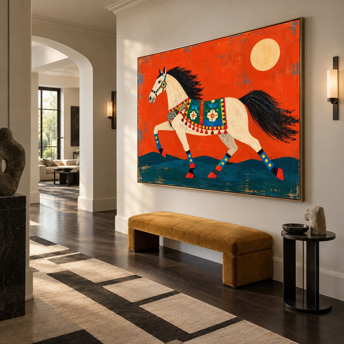 Saffron Meadow Stride — oblique side view of the artwork