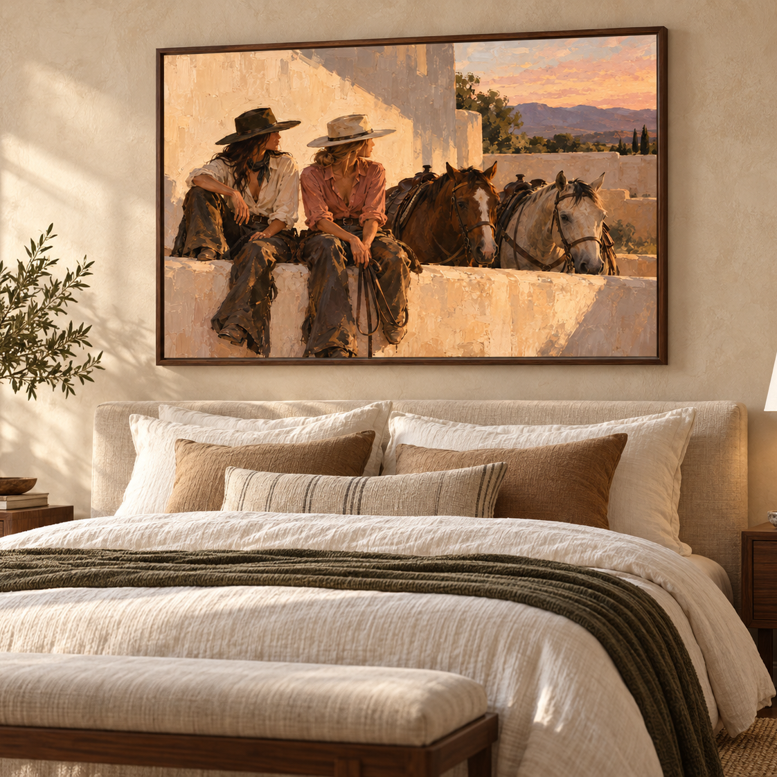 Sunlit Western Companions in walnut frame bedroom