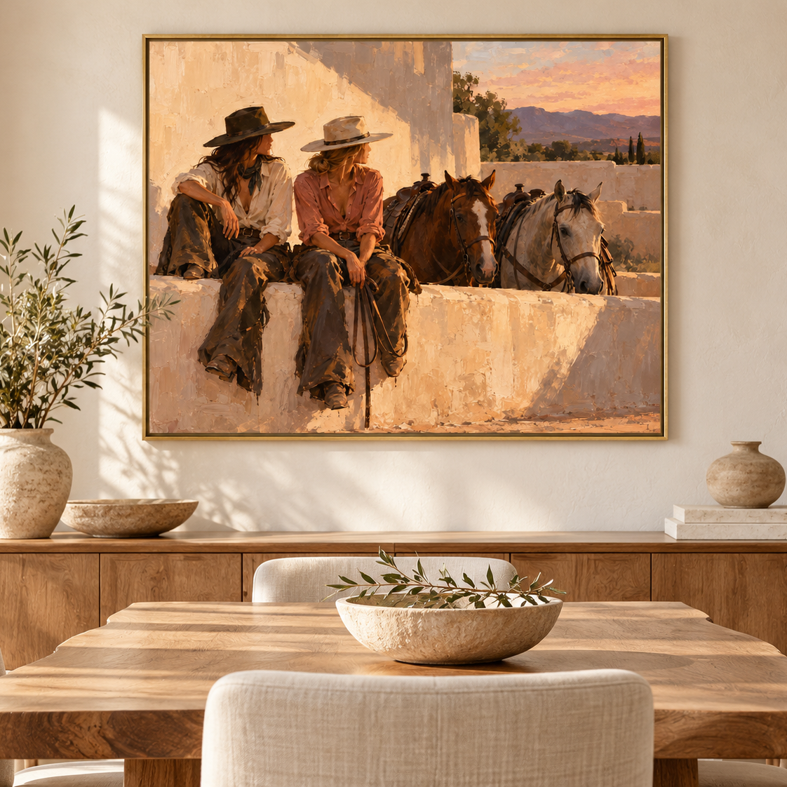 Sunlit Western Companions in gold frame dining room