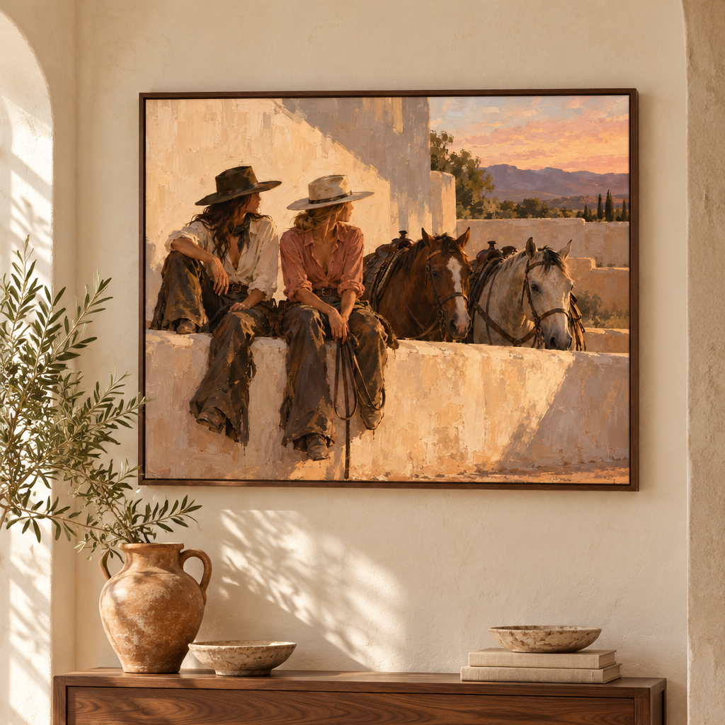 Sunlit Western Companions in walnut frame entryway