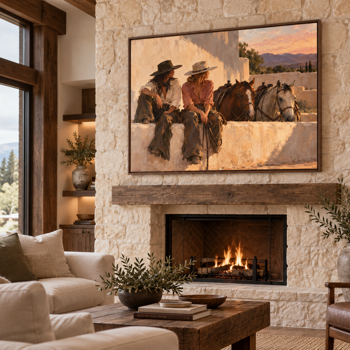 Sunlit Western Companions in walnut frame lodge