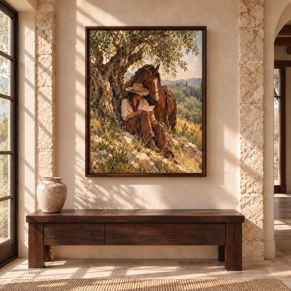 The Olive Hour above a minimal Mediterranean console