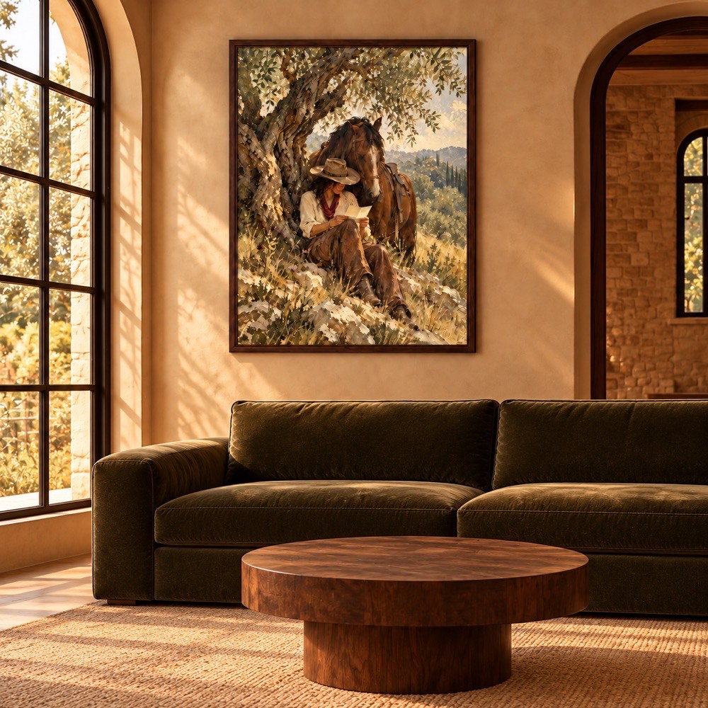 The Olive Hour in a minimal warm evening living room