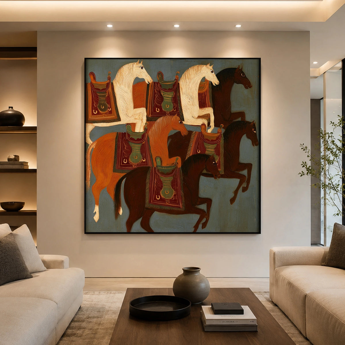 A Procession of Saddles — front view in a living space