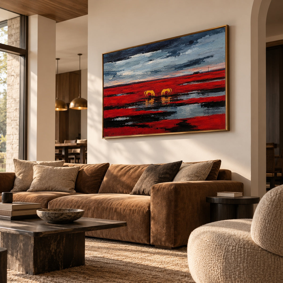Crimson Prairie Pause — oblique side view of the artwork