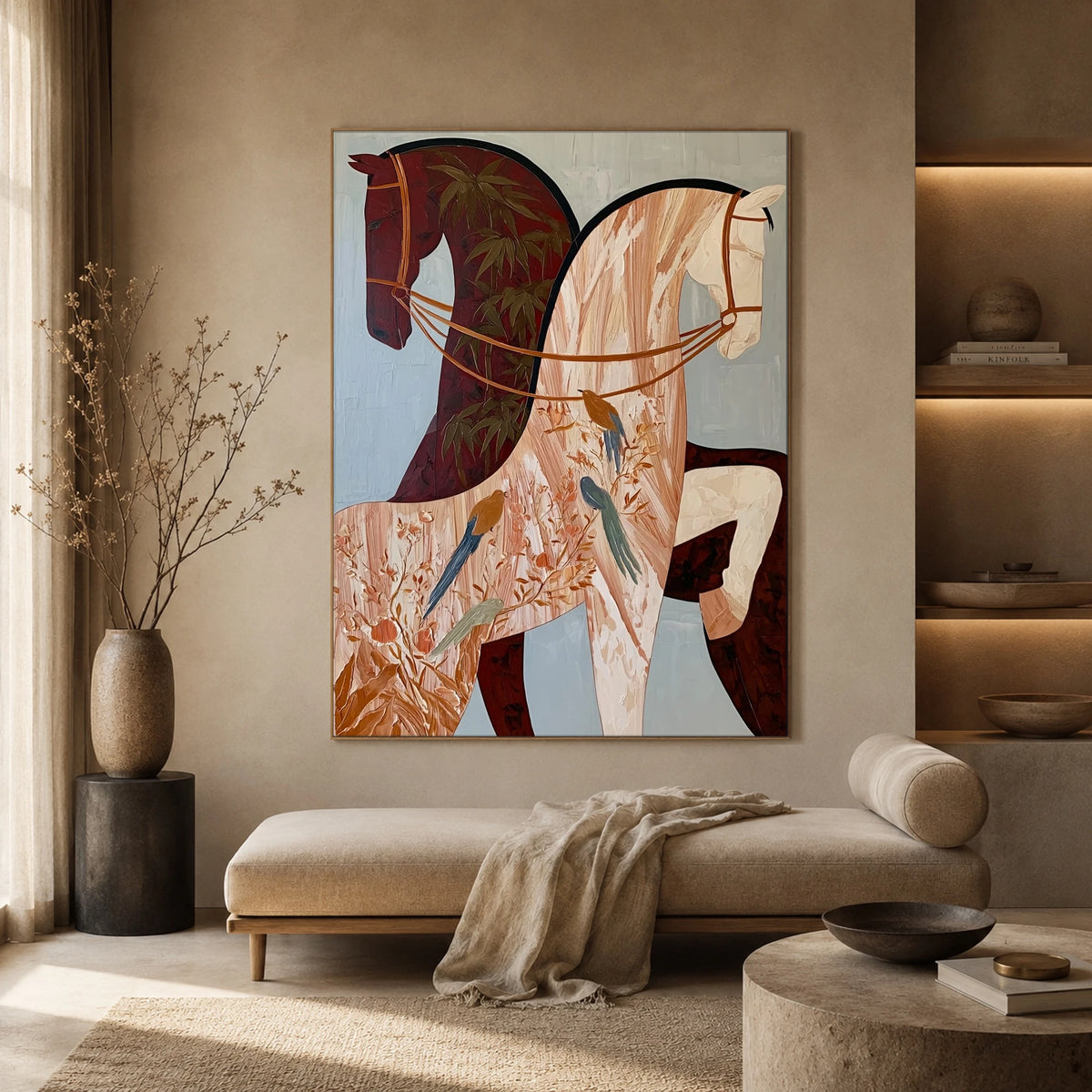 Ivory and Garnet Reins — front view in a living space