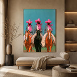 Pink Hats Ride Together — front view in a living space