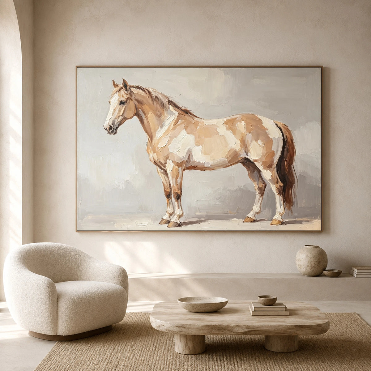 The Pale Pinto Portrait — front view in a living space