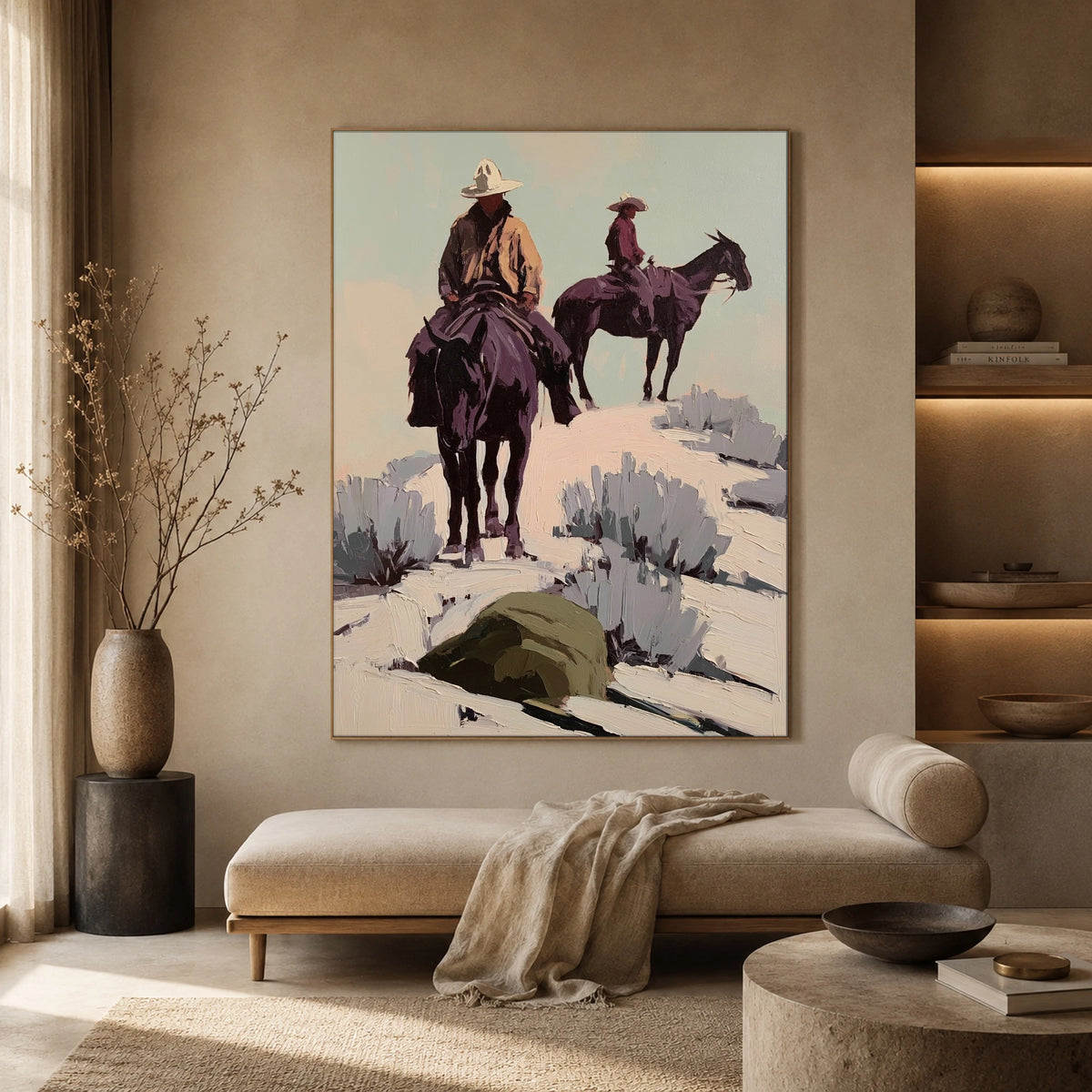 Two Riders Through Sage — front view in a living space